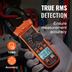 Orange Bostome EM4370 digital clamp meter multimeter held in a gloved hand, displaying True RMS readings.
