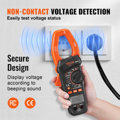 Bostome Digital Clamp Meter T-RMS with a bright LCD, flashlight, and non-contact voltage detection.