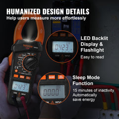 Bostome Digital Clamp Meter T-RMS with bright LCD, flashlight, and portable design.