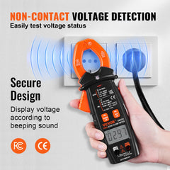 Digital clamp meter with a backlit display, measuring AC/DC current up to 600A.
