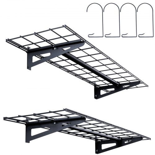 Two heavy-duty steel garage wall shelves with brackets and hooks, each supporting up to 200 lbs.