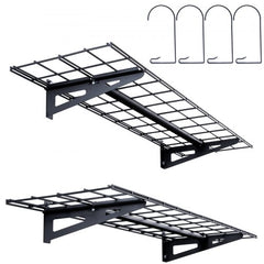 Two heavy-duty steel garage wall shelves with brackets and hooks, each supporting up to 200 lbs.