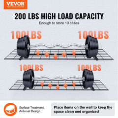 Two heavy-duty steel garage wall shelves, each supporting 200 lbs, with rust-resistant design and reinforced structure.