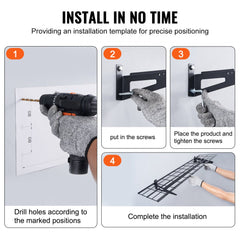Hands installing heavy duty steel garage wall shelves using drill and screws on a wall.