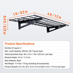 Two heavy-duty steel garage wall shelves, each 48x12x4.5 inches, supporting 200 lbs per layer.