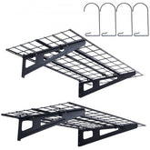 Two-pack of heavy-duty black wire wall-mounted garage shelves with brackets and hooks.