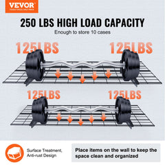 Two-pack of heavy-duty wall-mounted garage shelves, each with 250 lb capacity, shown with weights and anti-rust design.