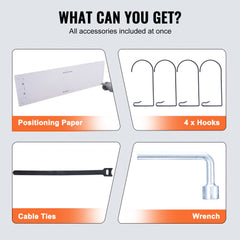 Image showing accessories for garage shelves: positioning paper, 4 hooks, cable ties, and wrench.