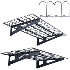 Two-pack of heavy-duty black wire garage shelves with brackets and hooks, wall-mounted.