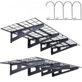 Two black heavy-duty wall-mounted garage shelves, each 6x2 ft with brackets and hooks.