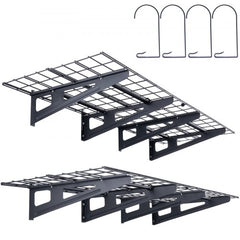 Two black heavy-duty wall-mounted garage shelves, each 6x2 ft with brackets and hooks.