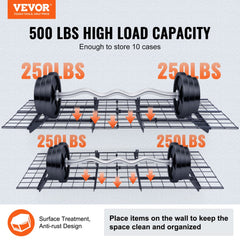 Two-pack of heavy-duty wall-mounted garage shelves, each 6x2 ft with 500 lb capacity.