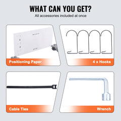 Infographic showing garage shelf accessories: positioning paper, 4 hooks, cable ties, and wrench.