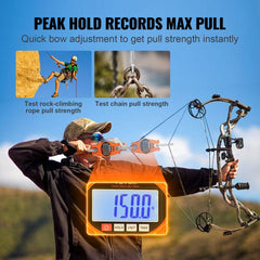 Digital crane scale with a cast aluminum body, clear LCD display, and secure S-hook.