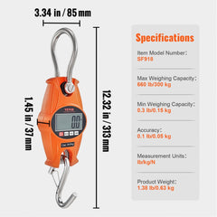 Digital crane scale with a cast aluminum body, clear LCD display, and secure S-hook.