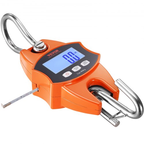 Orange Bostome digital crane scale with 880 lbs/400 kg capacity, LCD display, hooks, and measuring tape.
