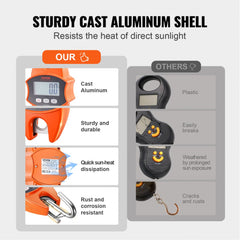 Orange Bostome digital crane scale with cast aluminum shell, LCD display, hook, and 1m tape, rated 880 lbs/400 kg.