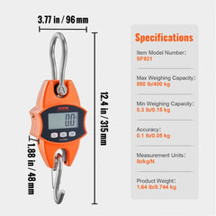 Orange Bostome digital crane scale with LCD display, hook, and dimensions shown.
