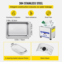 304 stainless steel ultrasonic cleaner with 0.8L tank, timer, basket, and watch stand.