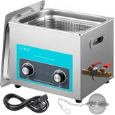 10L stainless steel ultrasonic cleaner with heater, timer, and accessories.