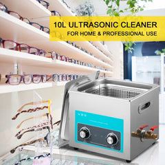 10L stainless steel ultrasonic cleaner with heater, timer, and drainage tap.