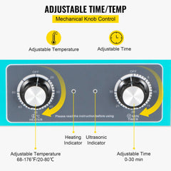 Image of 10L ultrasonic cleaner control panel with adjustable temperature knob from 20-80°C and timer knob from 0-30 minutes, plus heating and ultrasonic indicators.