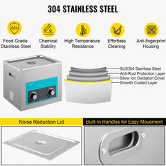 10L ultrasonic cleaner made of 304 stainless steel with heater, timer, and noise-reducing lid.