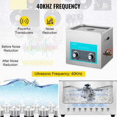 15L stainless steel ultrasonic cleaner with 40kHz frequency, heater, timer, and noise reduction.