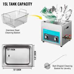 Bostome 15L ultrasonic cleaner with stainless steel tank, basket, jewelry ball, heater, and timer controls.