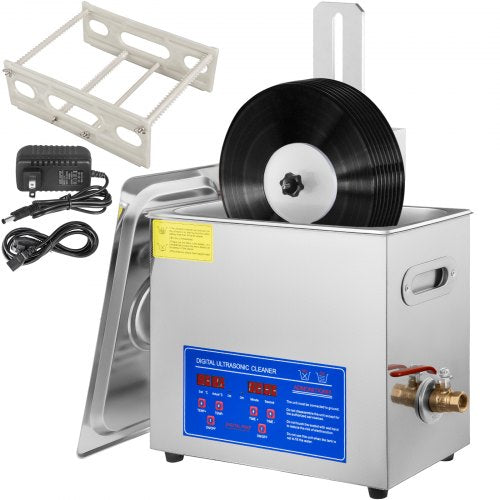 Bostome 6L ultrasonic vinyl record cleaner with 180W power, 40kHz frequency, digital controls, and accessories.