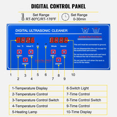 Digital control panel of 6L ultrasonic cleaner with temperature, time displays, and controls.