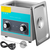 Silver 3L ultrasonic cleaner with open stainless steel lid, dual control knobs, power cord, and cleaning basket.