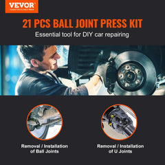 21-piece ball joint press kit with heavy-duty carbon steel and portable carrying case.