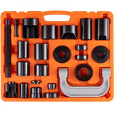 Orange tool case containing 25-piece black carbon steel ball joint press kit for automotive use.