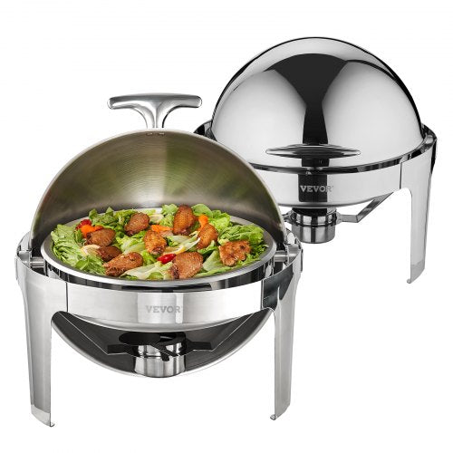 Stainless steel 6 Qt roll top chafing dish set with two full-size pans for buffet service.