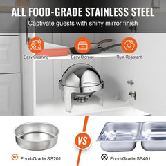 Stainless steel chafing dish set with roll-top lids and 6 Qt capacity for buffet service.