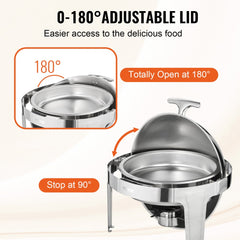Stainless steel 6 Qt roll top chafing dish set with two full-size pans for buffet service.