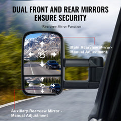 Black towing mirrors for Chevy Silverado/GMC 1988-1998 with four-way adjustment and folding feature.