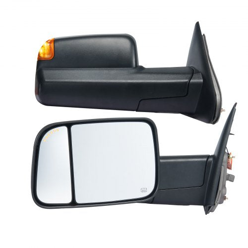 Black power heated towing mirrors for Dodge Ram with LED signals, shown from multiple angles.