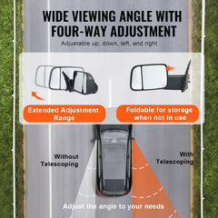 Diagram of Bostome towing mirrors showing wide viewing angle, four-way adjustment, telescoping extension, and foldable design for Dodge Ram trucks.