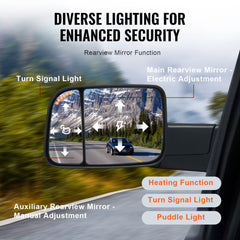 Black power heated towing mirrors for Dodge Ram with electric adjustment, turn signals, and puddle lights.