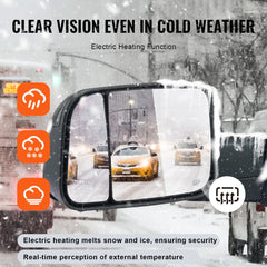 Black power heated towing mirrors for 2002-2008 Dodge Ram trucks, shown on a snowy vehicle with electric defrost function.