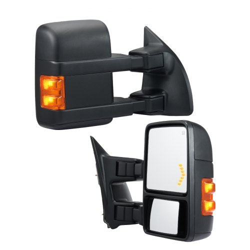 Pair of black power-heated towing mirrors for Ford F250-F550 with LED signals and folding arms.
