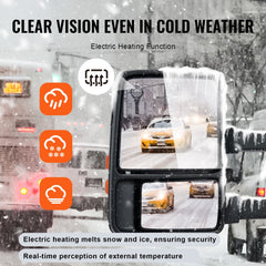 Black power-heated towing mirrors for Ford F250-F550 trucks, showing clear visibility in snowy weather with electric defrost.