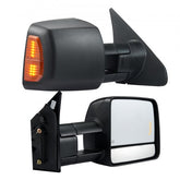 Black power-heated towing mirrors for 2007-2017 Toyota Tundra with LED signals.