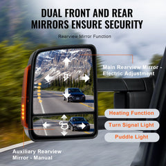 Black power-heated towing mirrors for 2007-2017 Toyota Tundra with dual front and rear views, electric adjustment, heating, turn signals, and puddle light.