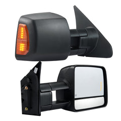 Black power heated towing mirrors for Toyota Tundra, with LED signals and extendable arms.