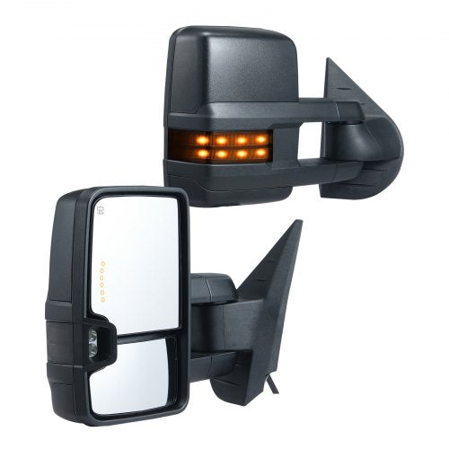 Pair of black heated power-folding towing mirrors with LED signals for Chevy Silverado and GMC Sierra.