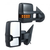 Pair of black heated power-folding towing mirrors with LED signals for Chevy Silverado and GMC Sierra.