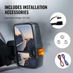 Black heated power folding towing mirrors for Chevy Silverado GMC Sierra 2007-2014 with DC12V operation and installation accessories.